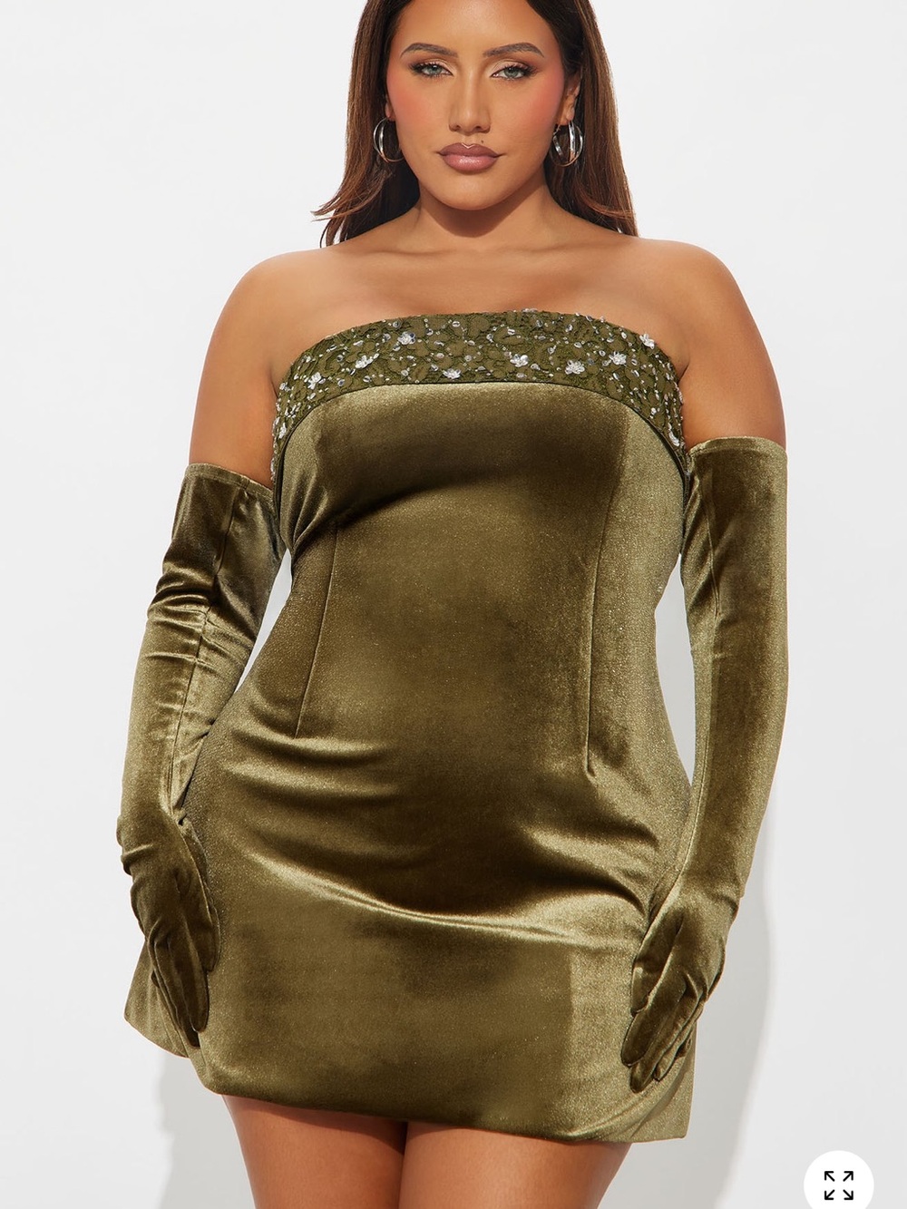 Olive Green Velvet Strapless Mini Dress with Gloves